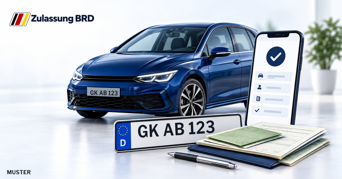 Online Fahrzeugzulassung in Übach-Palenberg: Musterkennzeichen GK AB 123, Auto und Fahrzeugpapiere und Smartphone. Illustration mit Logo von Zulassung BRD.